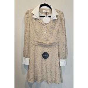 Quanta du Soleil Irena Dress Tan Floral Mini Contrast Collar French Cuff 36 S
